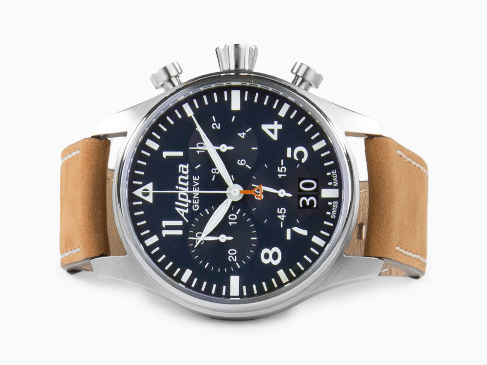 Montre à quartz Alpina Startimer Pilot Chronograph Big Date, AL-372, Bleu, Cuir