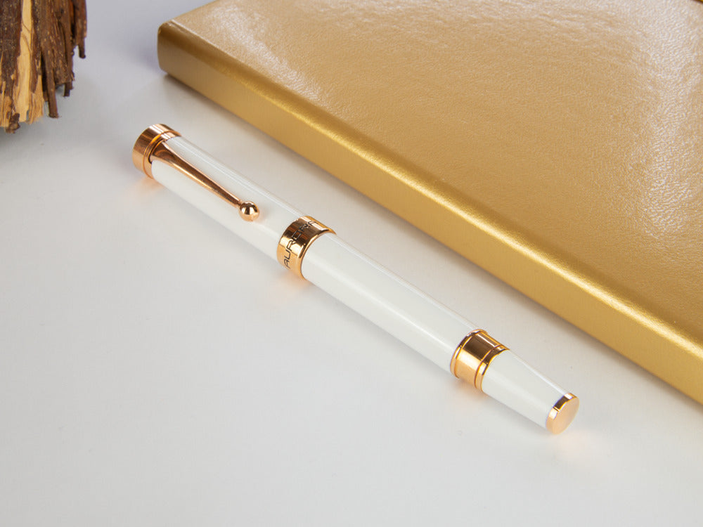 Stylo Plume Aurora EDO, Résine, Or Rose 14k, Blanc, O11-W