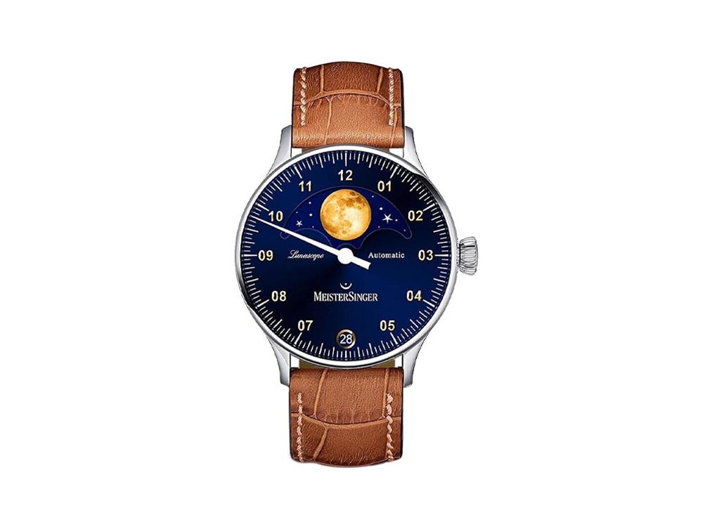 Montre Automatique Meistersinger Lunascope, Bleu, ETA 2836-2, 40mm, Cuir, LS908G