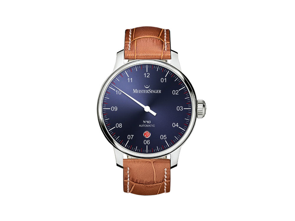 Montre Automatique Meistersinger N3 - 40 mm, Bleu, 40mm, Cognac, Jour, DM908