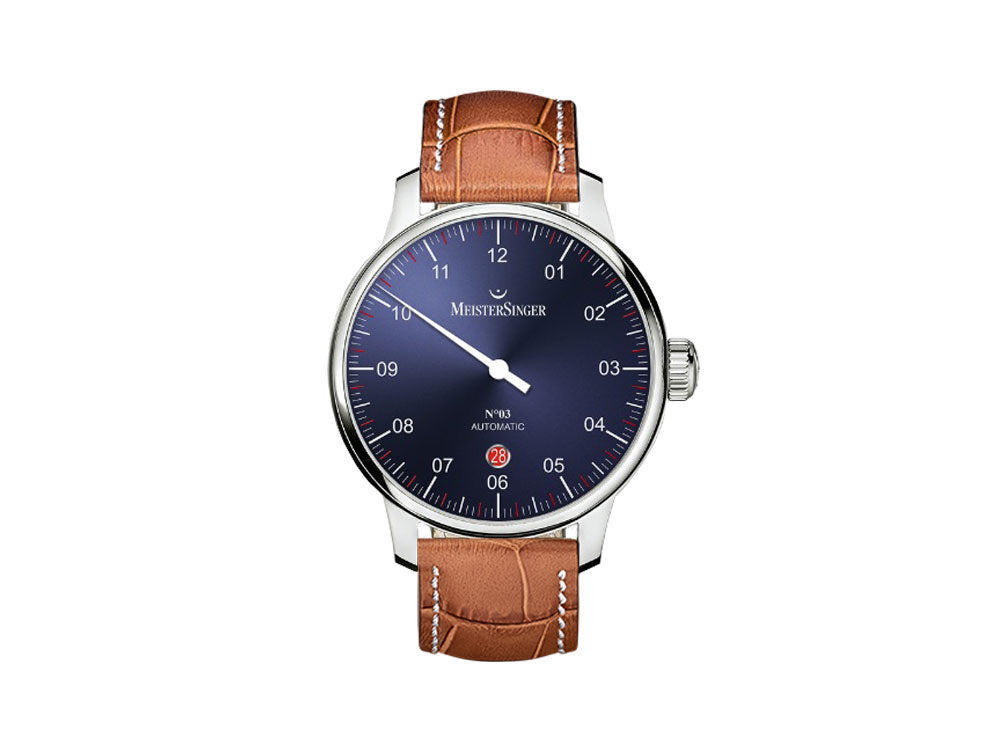 Montre Automatique Meistersinger N3 - 40 mm, Bleu, Cognac, Jour, DM908-SG03W