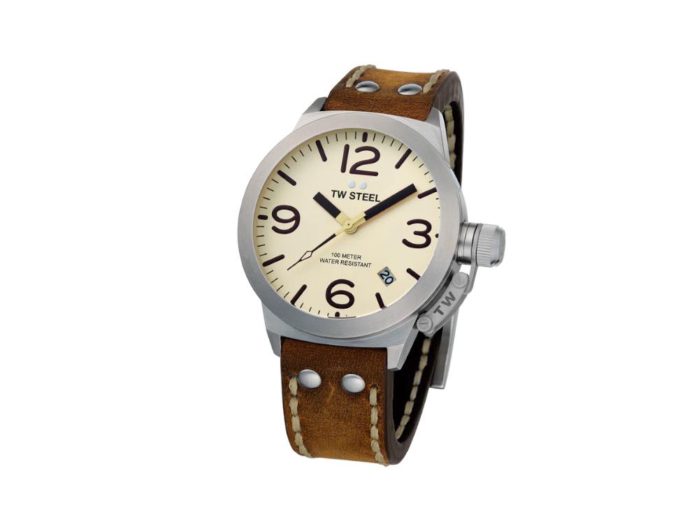 Montre à Quartz TW Steel Classic Canteen, Beige, 45 mm, Cuir, 10 atm, CS100