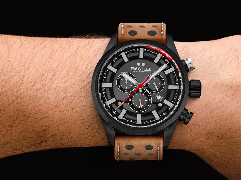 Montre à Quartz TW Steel Fast Lane, Gris, 48 mm, Cuir, 10 atm, SVS209
