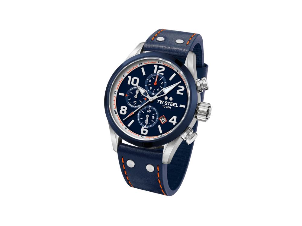 Montre à Quartz TW Steel WRC, Bleu, 48 mm, Bracelet en cuir, 10 atm, VS90