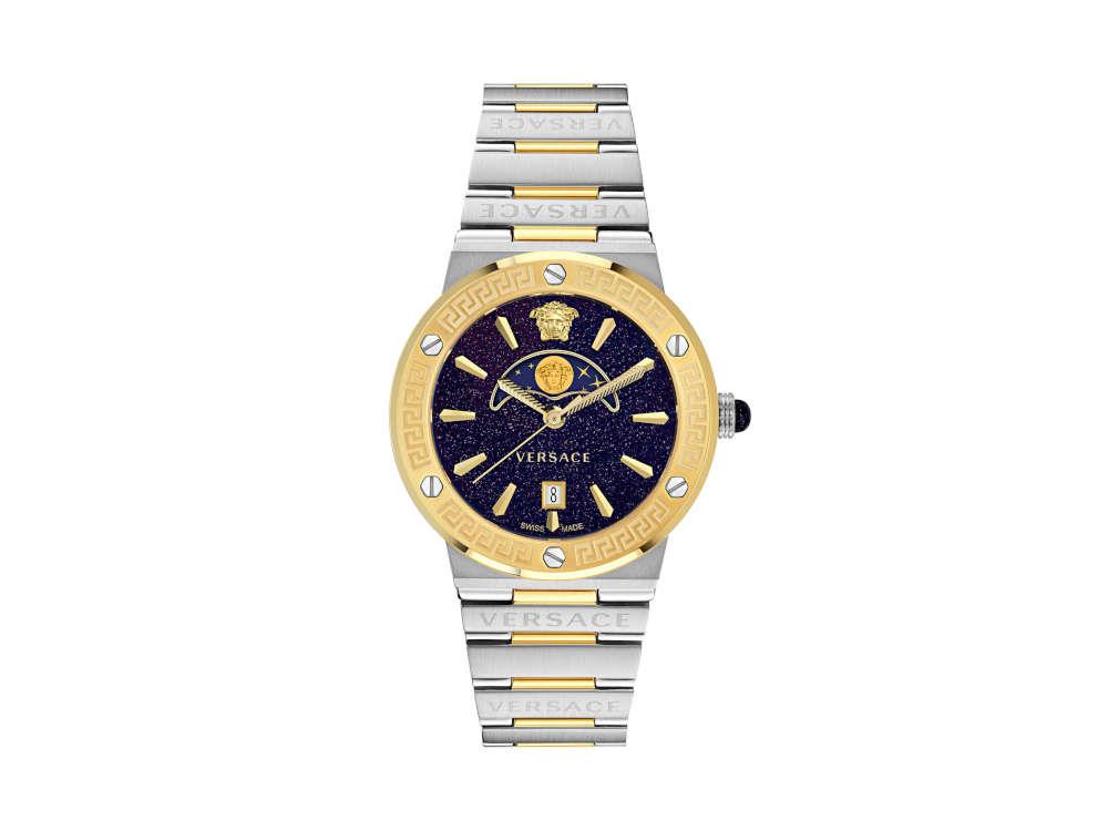 Montre à Quartz Versace Greca Logo Moonphase, PVD Or, Bleu, 38 mm, VE7G00223