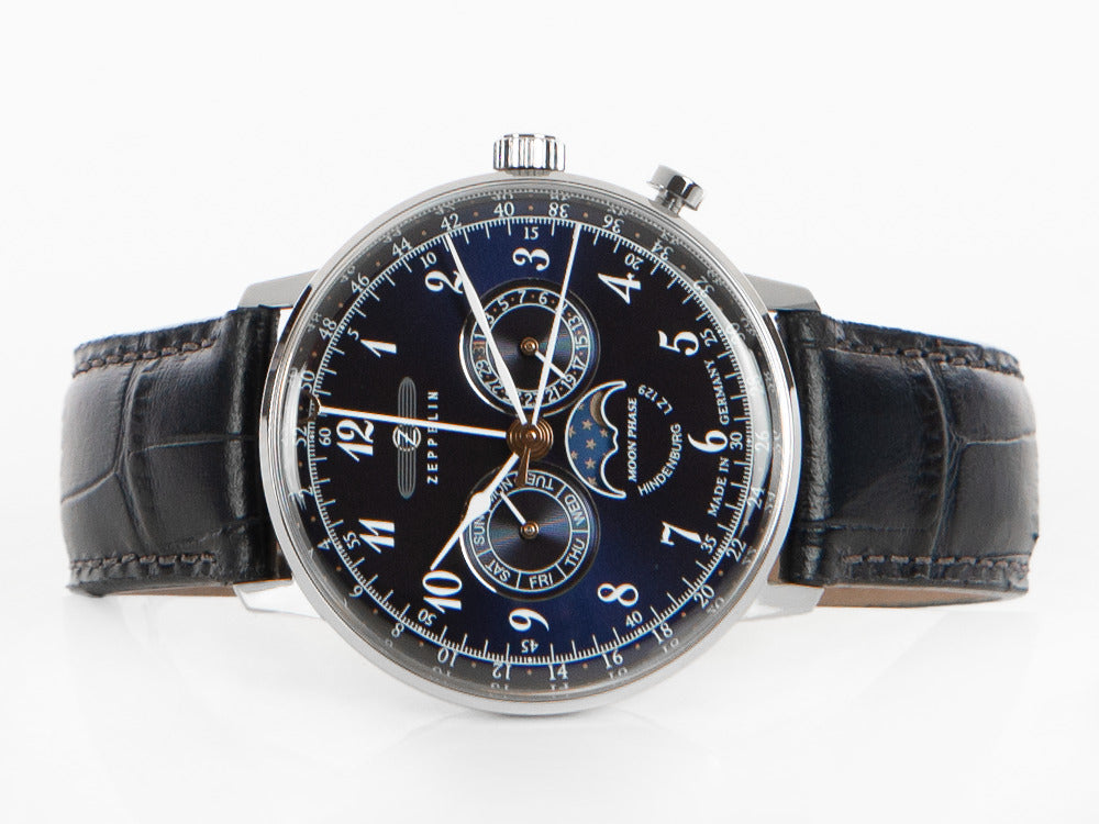 Montre à Quartz Zeppelin LZ 129 Hindenburg Moonphase, Bleu, 40 mm, 7036-3