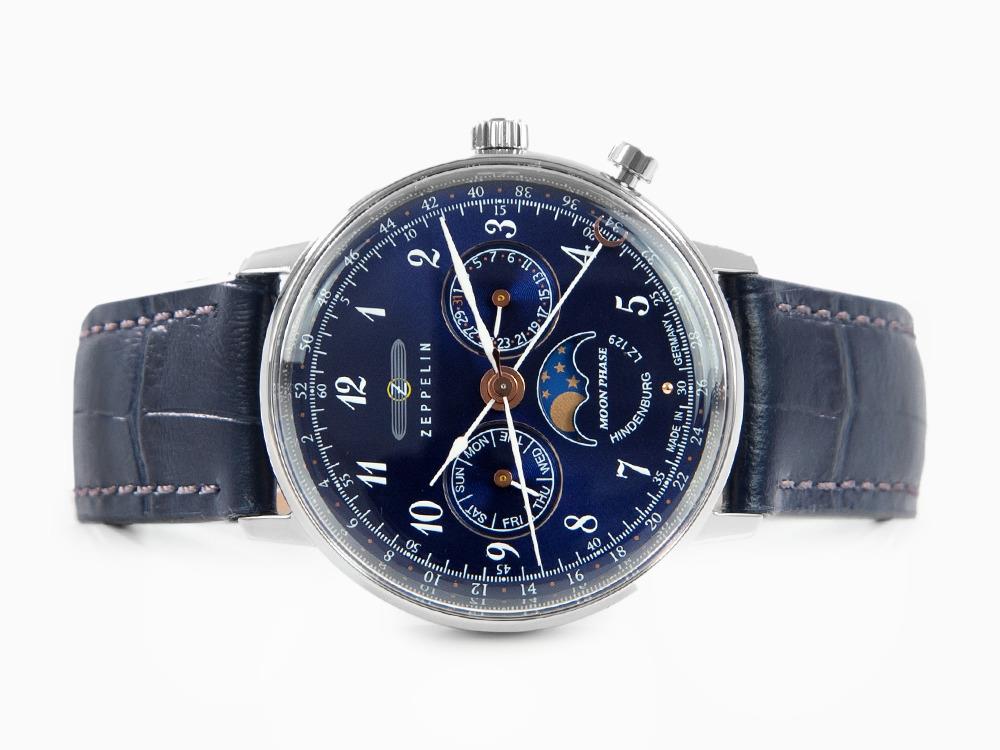 Montre à Quartz Zeppelin LZ 129 Hindenburg Moonphase Lady, Bleu, 36 mm, 7037-3