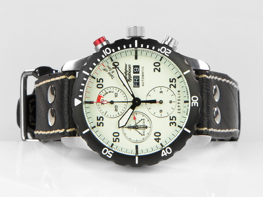 Montre Automatique Zeppelin Eurofighter, PVD, Blanc, 43 mm, Cuir, 7218-5