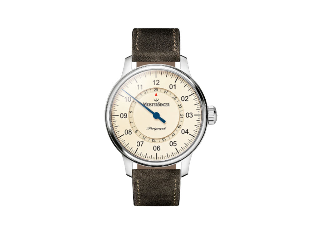 Montre Automatique Meistersinger Perigraph, 43mm, Crème, Cuir, AM1003-SV02