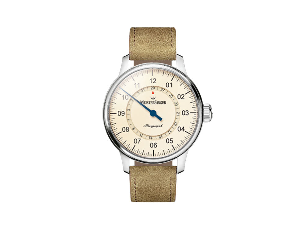 Montre Automatique Meistersinger Perigraph, 43mm, Crème, Cuir, AM1003-SV03