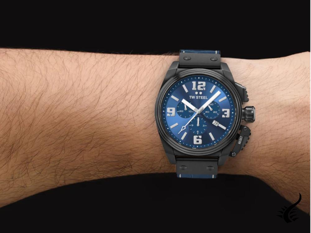 Montre à Quartz TW Steel Canteen, Bleu, 46 mm, Bracelet en cuir, 10 atm, TW1016