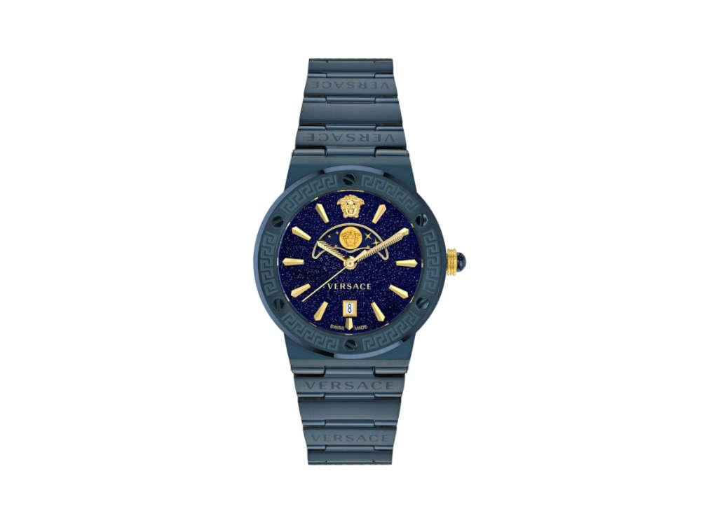 Montre à Quartz Versace Greca Logo Moonphase, PVD, Bleu, 38 mm, VE7G00423